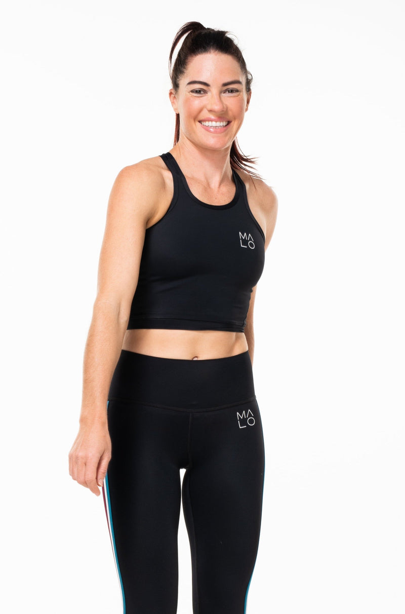 Women's Core Crop.  Black sleeveless technical top for workouts and athleisure with vertical stripes.