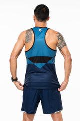 Back view men's navy performance tank top. Lightweight, sleeveless workout top with reflective logo.