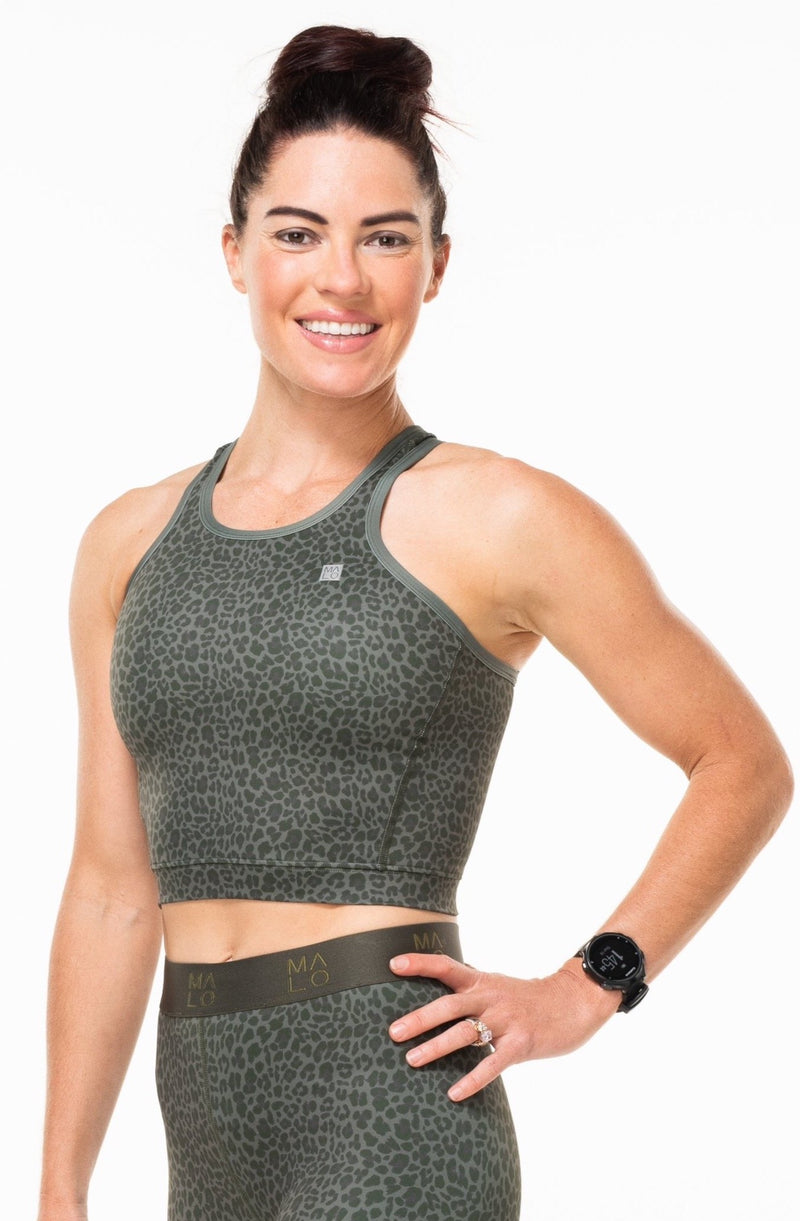 Panther Core Crop. Women's green animal print form-fitting tank top for workout or casual wear.