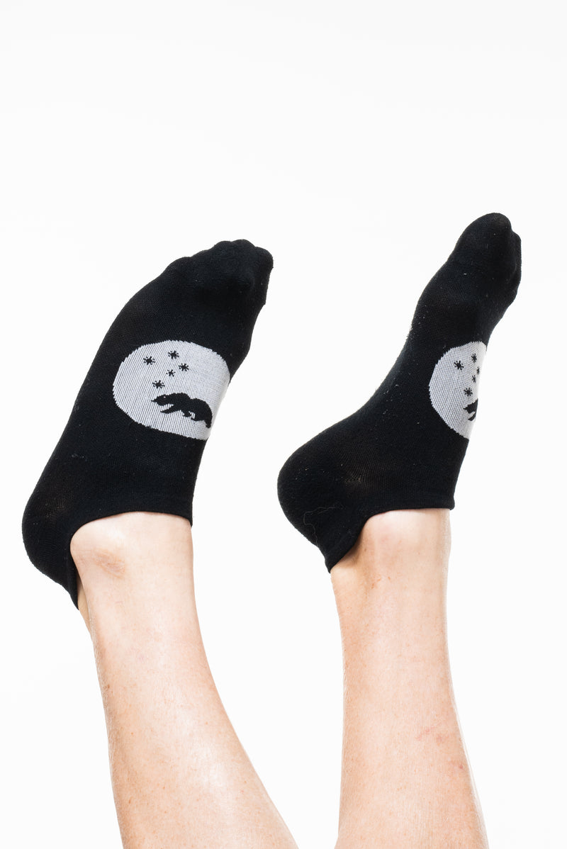 Black ankle socks with bear and stars logo. Quick-drying workout socks.